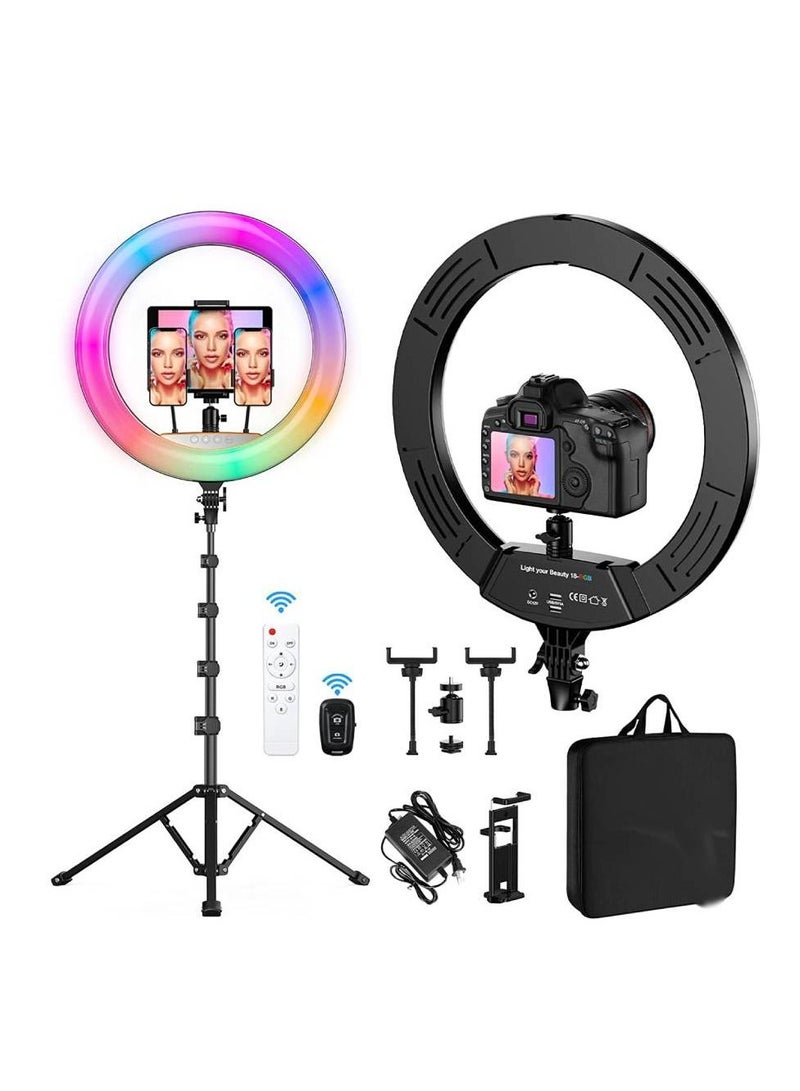مصباح حلقة RGB مقاس 18 بوصة مع حامل ثلاثي القوائم لكاميرا الهاتف iPad Selfie Live Stream YouTube TikTok Video Shooting أفضل إضاءة في الغلاف الجوي الدائري (18 بوصة) - Image 1