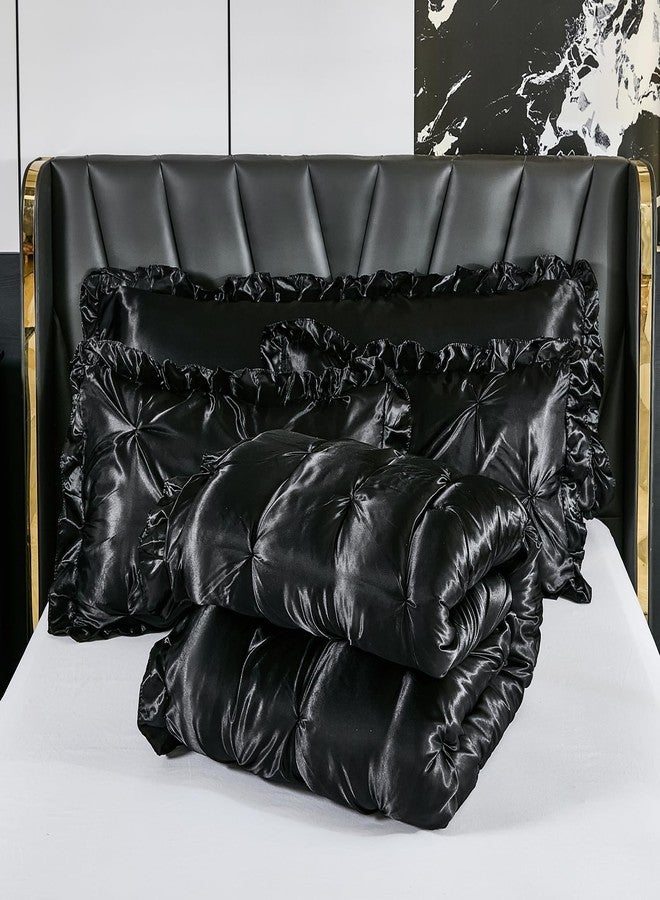 Bedbay Black Satin Comforter Queen Pinch Pleat Bedding Silk Like Satin Ruffled Duvet Set 4 Pcs with Black Ruffle Silky Body Pillow Cover Aesthetic Room Decor Luxury Satin Bedding Set for All Season - Image 3
