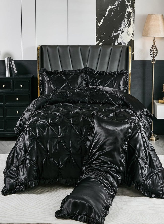 Bedbay Black Satin Comforter Queen Pinch Pleat Bedding Silk Like Satin Ruffled Duvet Set 4 Pcs with Black Ruffle Silky Body Pillow Cover Aesthetic Room Decor Luxury Satin Bedding Set for All Season - Image 1