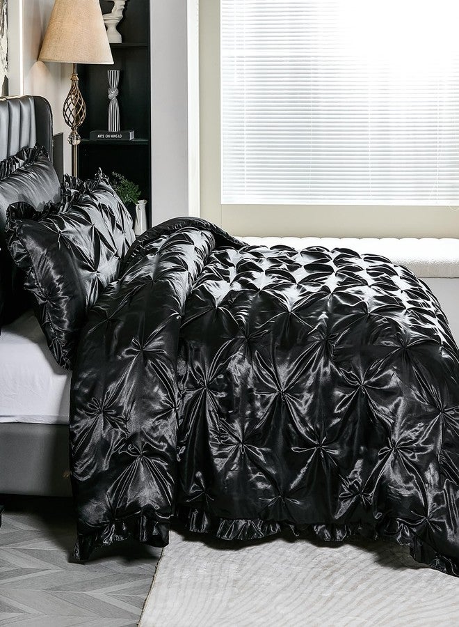 Bedbay Black Satin Comforter Queen Pinch Pleat Bedding Silk Like Satin Ruffled Duvet Set 4 Pcs with Black Ruffle Silky Body Pillow Cover Aesthetic Room Decor Luxury Satin Bedding Set for All Season - Image 5