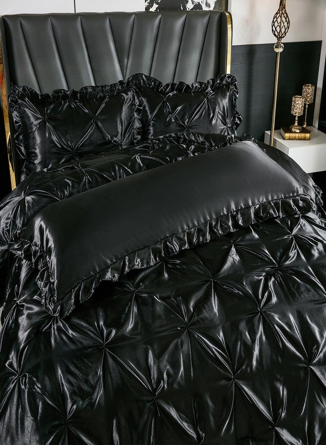 Bedbay Black Satin Comforter Queen Pinch Pleat Bedding Silk Like Satin Ruffled Duvet Set 4 Pcs with Black Ruffle Silky Body Pillow Cover Aesthetic Room Decor Luxury Satin Bedding Set for All Season - Image 4