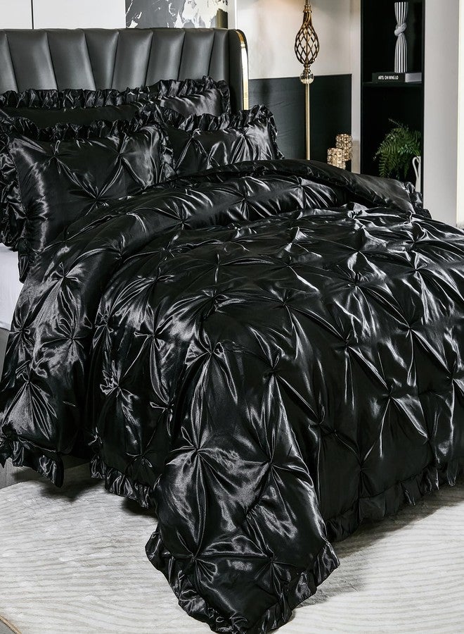 Bedbay Black Satin Comforter Queen Pinch Pleat Bedding Silk Like Satin Ruffled Duvet Set 4 Pcs with Black Ruffle Silky Body Pillow Cover Aesthetic Room Decor Luxury Satin Bedding Set for All Season - Image 2