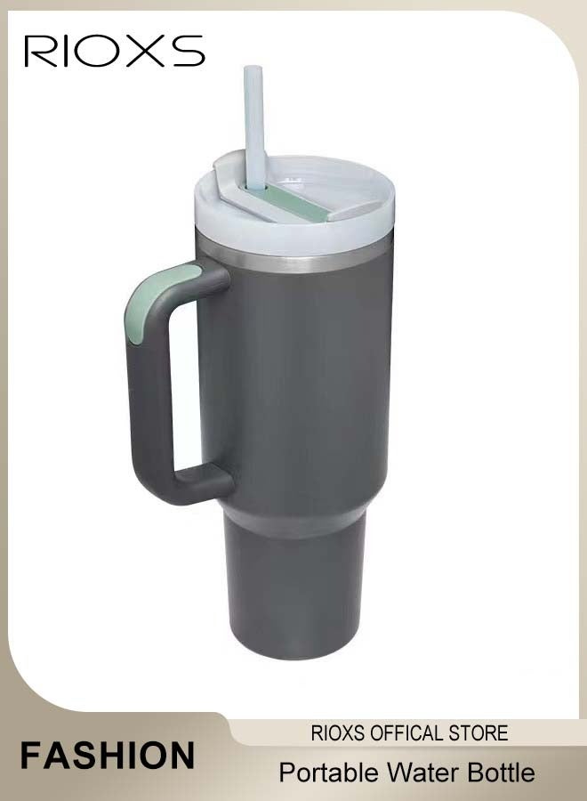RIOXS 40oz Tumbler With Handle And Straw, Double Wall Vacuum Water Bottle, Reusable Stainless Steel Insulated Tumbler For Home/ Office/ Car/ Camping, Travel Mug Cupholder, Keep Hot/Cold For Hours, Leak Proof Cup-Grey Water Bottle  - Image 1