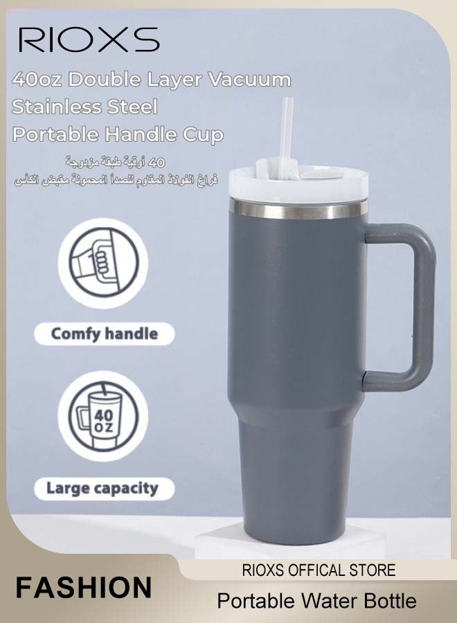 RIOXS 40oz Tumbler With Handle And Straw, Double Wall Vacuum Water Bottle, Reusable Stainless Steel Insulated Tumbler For Home/ Office/ Car/ Camping, Travel Mug Cupholder, Keep Hot/Cold For Hours, Leak Proof Cup-Grey Water Bottle  - Image 2