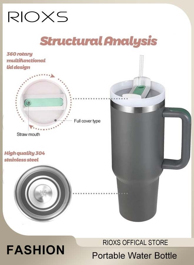 RIOXS 40oz Tumbler With Handle And Straw, Double Wall Vacuum Water Bottle, Reusable Stainless Steel Insulated Tumbler For Home/ Office/ Car/ Camping, Travel Mug Cupholder, Keep Hot/Cold For Hours, Leak Proof Cup-Grey Water Bottle  - Image 3