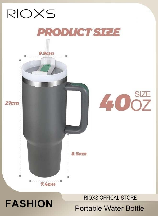 RIOXS 40oz Tumbler With Handle And Straw, Double Wall Vacuum Water Bottle, Reusable Stainless Steel Insulated Tumbler For Home/ Office/ Car/ Camping, Travel Mug Cupholder, Keep Hot/Cold For Hours, Leak Proof Cup-Grey Water Bottle  - Image 5
