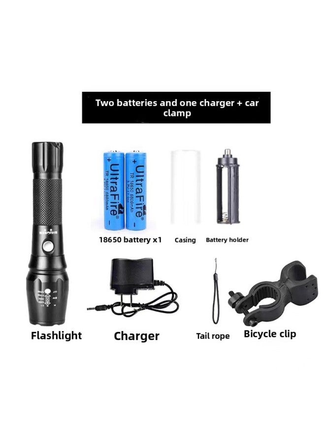 Flashlight Strong Light Charging Outdoor Super Bright Remote Zoom Super Long Endurance Multifunctional Portable Super Waterproof-Product Specifications:Two Electricity And One Charge + Car Clip  - Image 1