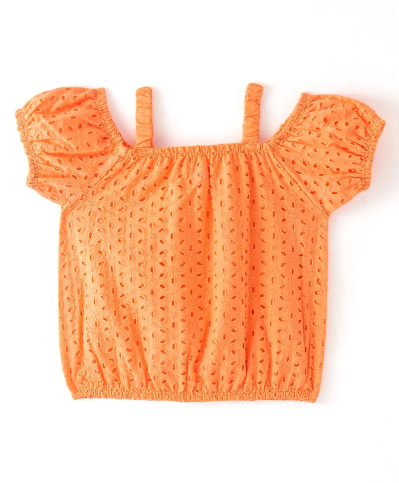 babyhug Babyhug Cotton Half Sleeve Schiffli Top With Bow Applique - Orange