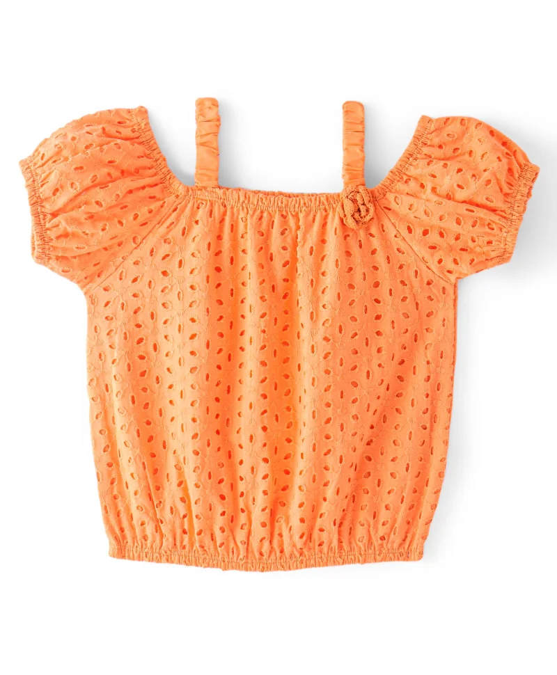 babyhug Babyhug Cotton Half Sleeve Schiffli Top With Bow Applique - Orange