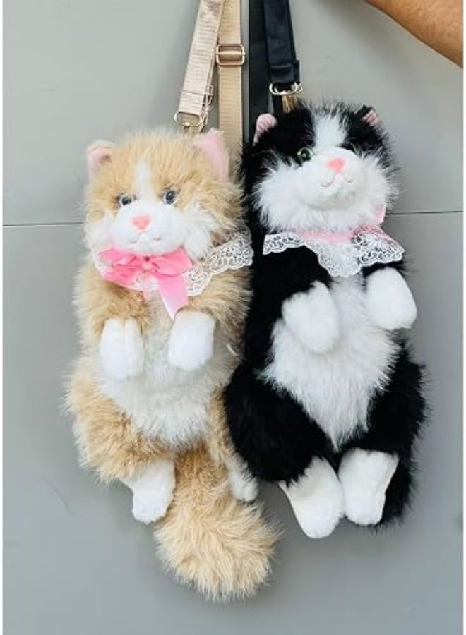 Realistic Plush Cat Backpack for Women & Girls, Cute 3D Animal Siamese Ragdoll Kitten Shoulder Sling Bag, Soft Faux Fur Stuffed Cat Crossbody Bag for Travel, Cosplay & Novelty Gifting - Beige & White - Image 4