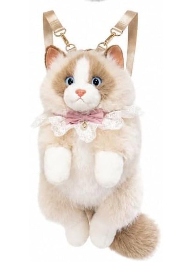 Realistic Plush Cat Backpack for Women & Girls, Cute 3D Animal Siamese Ragdoll Kitten Shoulder Sling Bag, Soft Faux Fur Stuffed Cat Crossbody Bag for Travel, Cosplay & Novelty Gifting - Beige & White - Image 1