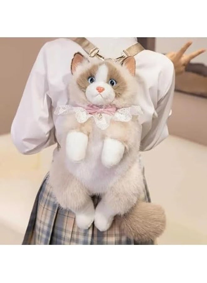 Realistic Plush Cat Backpack for Women & Girls, Cute 3D Animal Siamese Ragdoll Kitten Shoulder Sling Bag, Soft Faux Fur Stuffed Cat Crossbody Bag for Travel, Cosplay & Novelty Gifting - Beige & White - Image 3