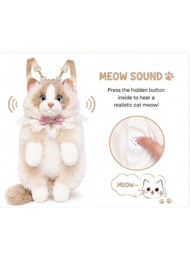 Realistic Plush Cat Backpack for Women & Girls, Cute 3D Animal Siamese Ragdoll Kitten Shoulder Sling Bag, Soft Faux Fur Stuffed Cat Crossbody Bag for Travel, Cosplay & Novelty Gifting - Beige & White - Image 2
