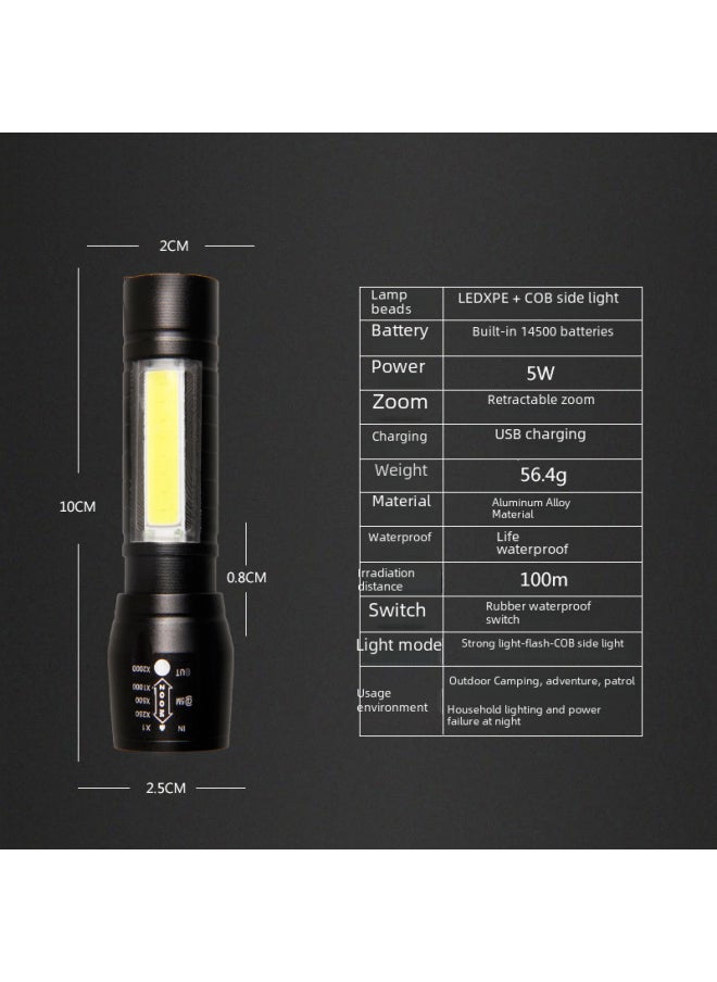 Generic High-power Usb Rechargeable Zoomable Led Flashlight Cob Side Light Mini 511 Outdoor Lighting Torch-Color:811 Zoom Black Boxed  - Image 3