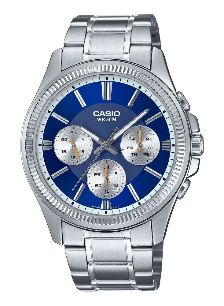 CASIO Men's Enticer Analog Blue Dial Silver Watch MTP-1375D-2A1