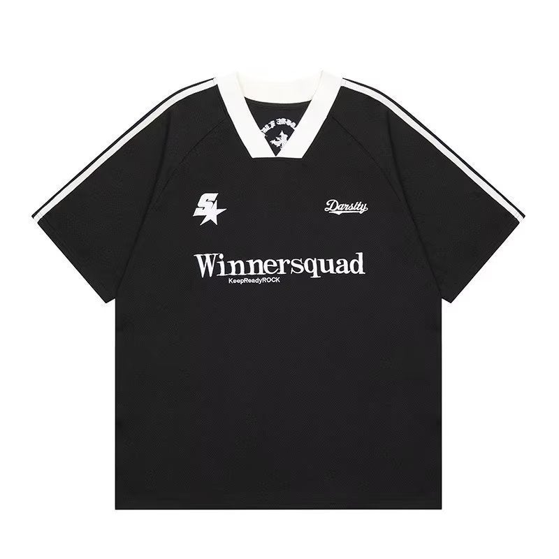 Mens Retro V-Neck Baseball Jersey T-Shirt Black (embroidery) 