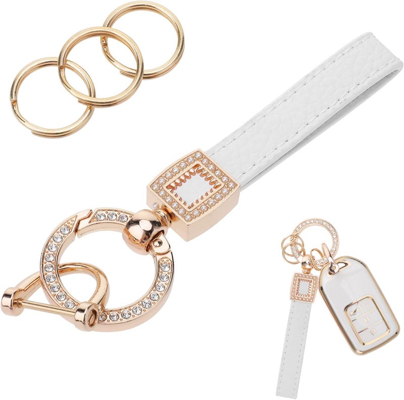 COBEE Bling Microfiber Leather Car Keychain with Rhinestones - White - Image 1