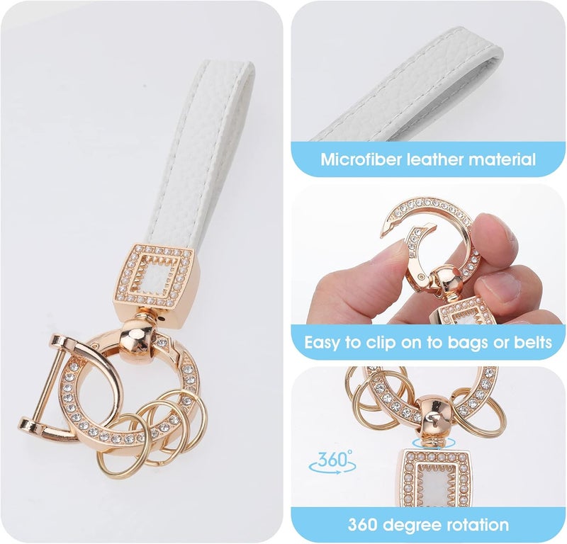 COBEE Bling Microfiber Leather Car Keychain with Rhinestones - White - Image 5