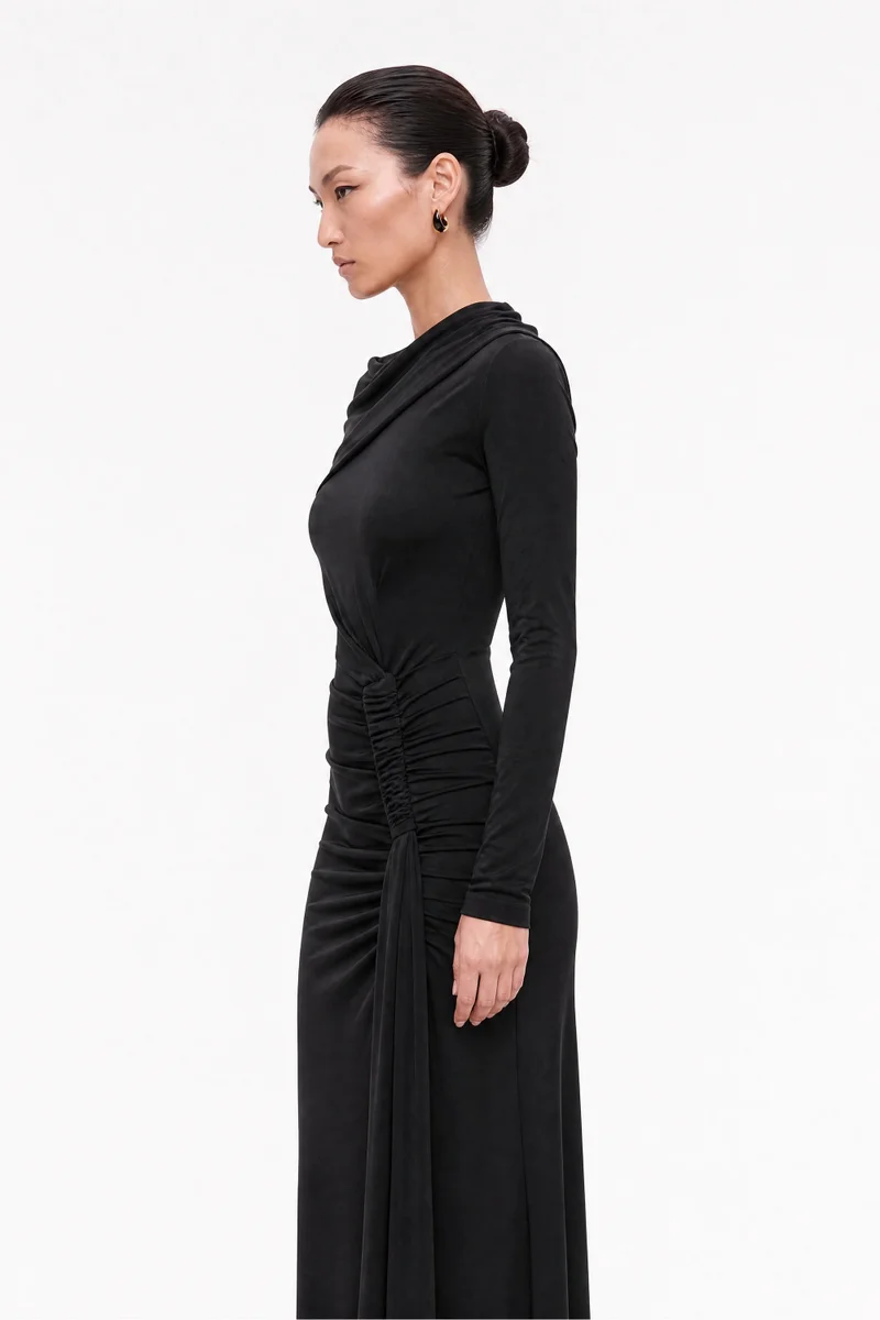 Nocturne Asymmetric Neck Draped Maxi Dress