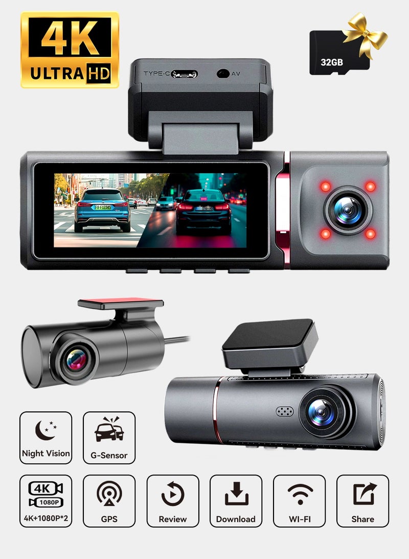 الرائد كاميرا dash بدقة 4K Ultra HD 3 بوصة IPS 1080p للداخل والخلف مع بطاقة 32GB ونظام GPS ورؤية ليلية ومستشعر G ونظام ADAS تحكم عبر تطبيق Wi-Fi ورصد وقوف السيارات على مدار الساعة مسجل فيديو - Image 1