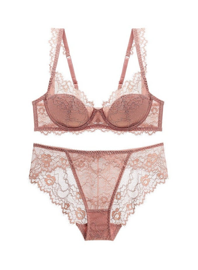 KUYING New Vine Jacquard Half Cup Lace Bra Small Chest Gathering Anti Drop Bra Set