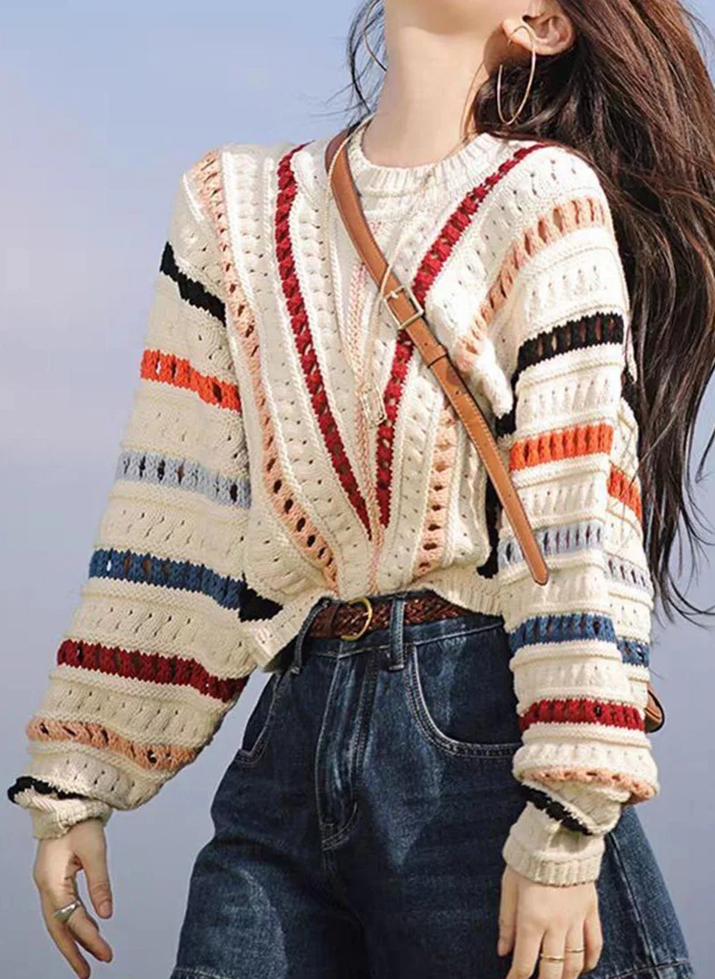 يونيكي Cream  Striped Open Knit Sweater Vest