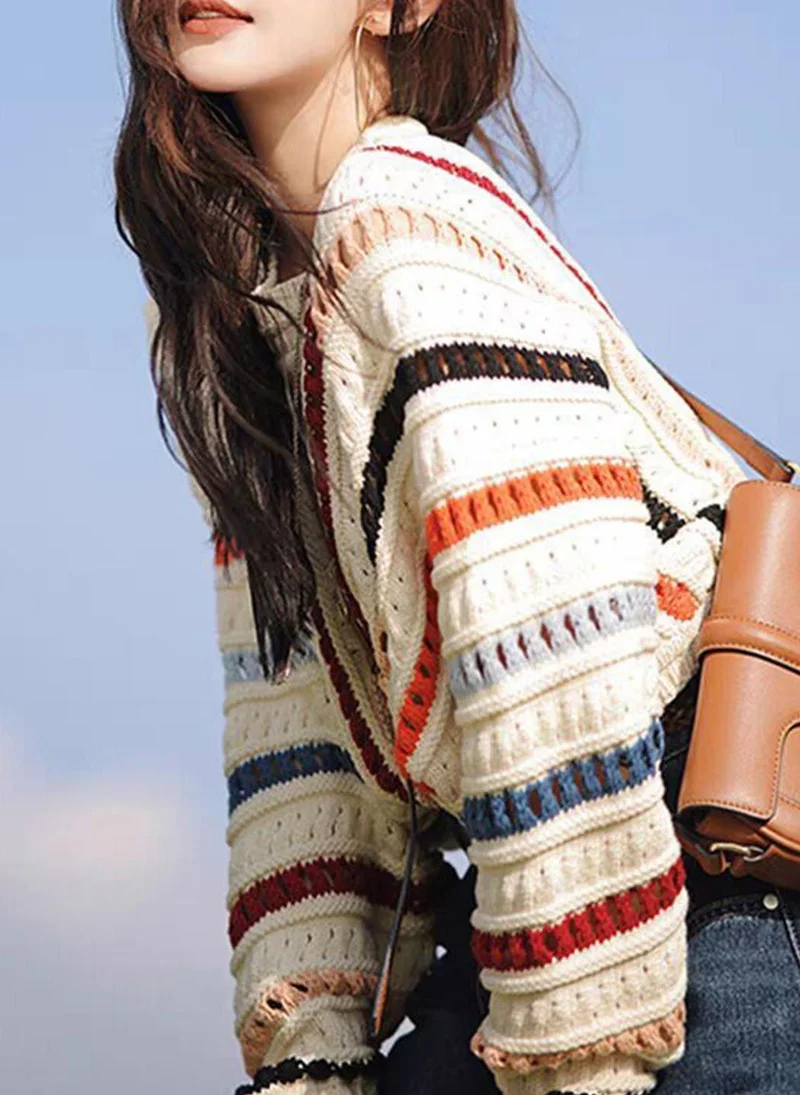 يونيكي Cream  Striped Open Knit Sweater Vest