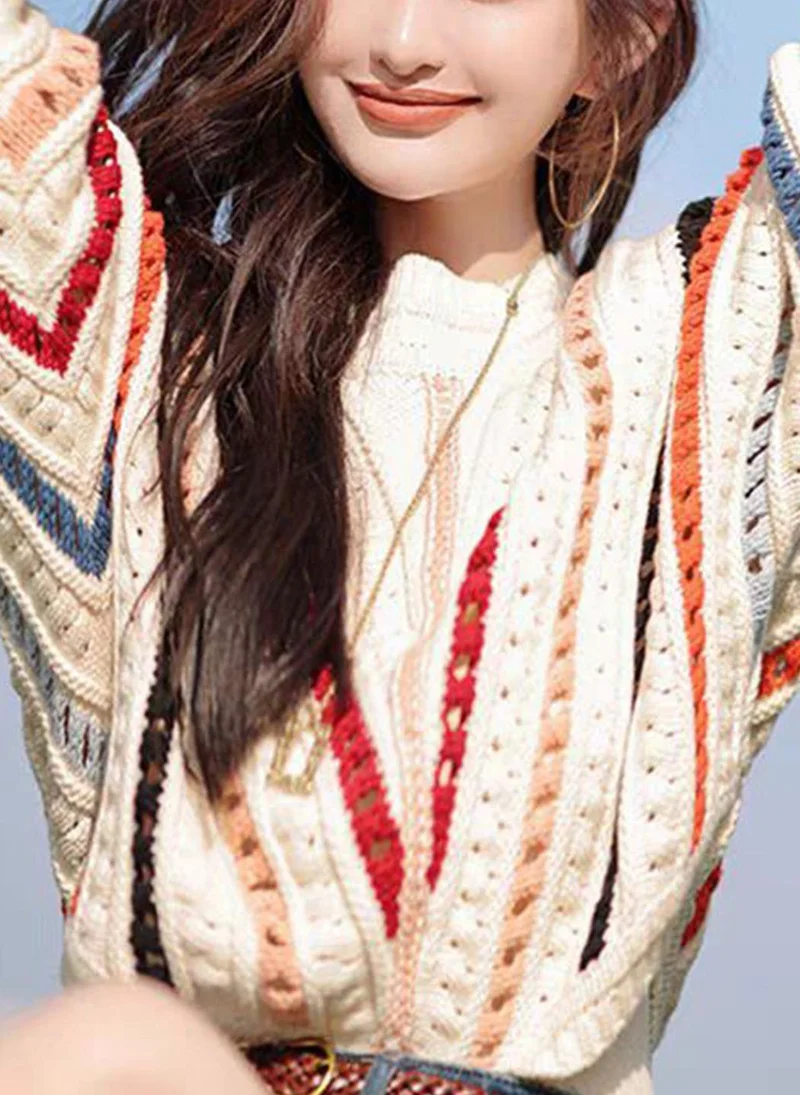 يونيكي Cream  Striped Open Knit Sweater Vest