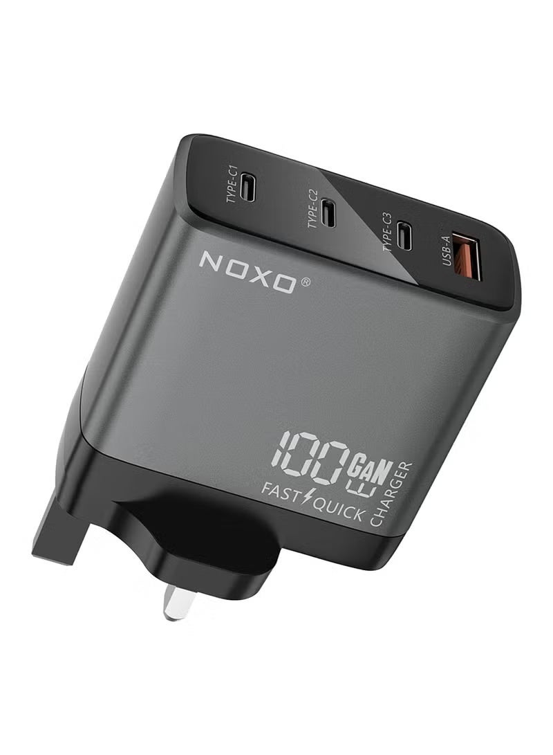 نوكسو شاحن حائط سريع NOXO GaN بقوة 100 واط و4 منافذ، مع PD و QC 3.0، قابس بريطاني، رمادي - CHN-P-3 - Image 2
