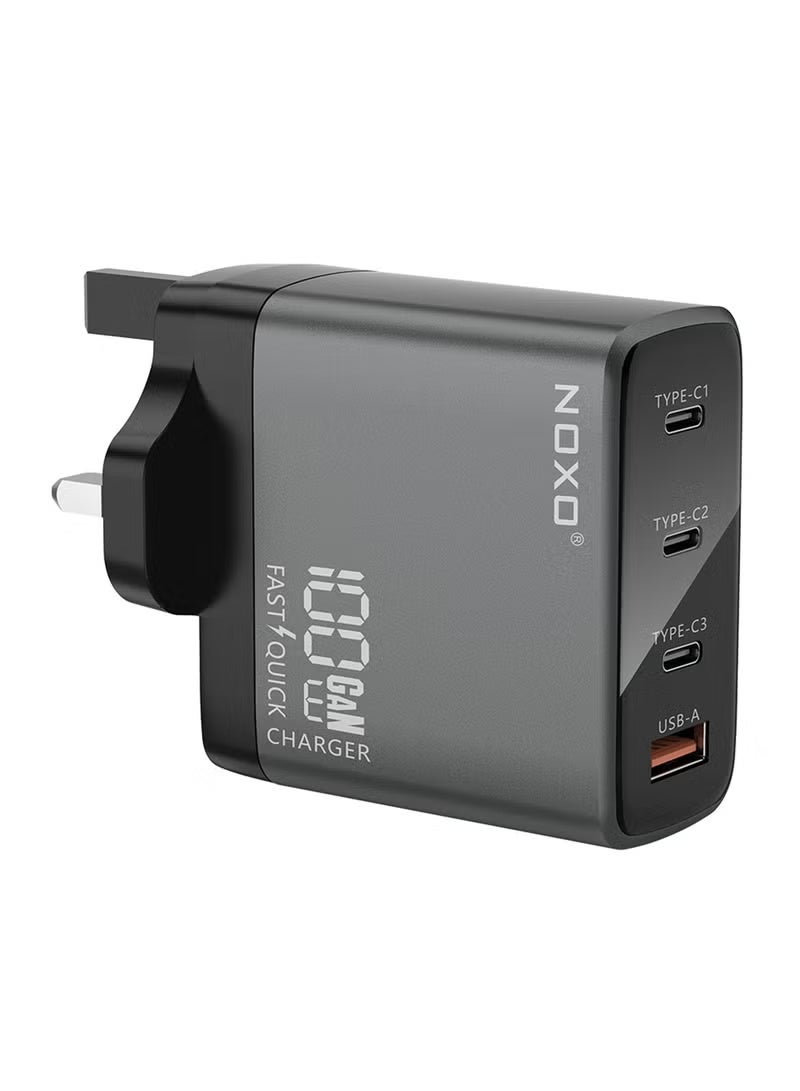 نوكسو شاحن حائط سريع NOXO GaN بقوة 100 واط و4 منافذ، مع PD و QC 3.0، قابس بريطاني، رمادي - CHN-P-3 - Image 1