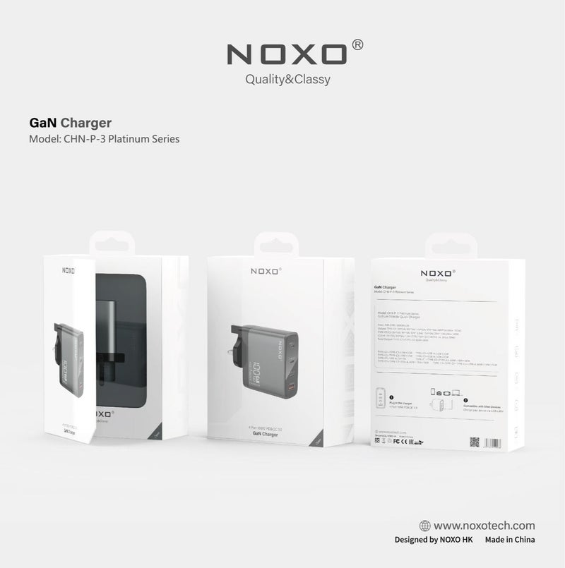 نوكسو شاحن حائط سريع NOXO GaN بقوة 100 واط و4 منافذ، مع PD و QC 3.0، قابس بريطاني، رمادي - CHN-P-3 - Image 5