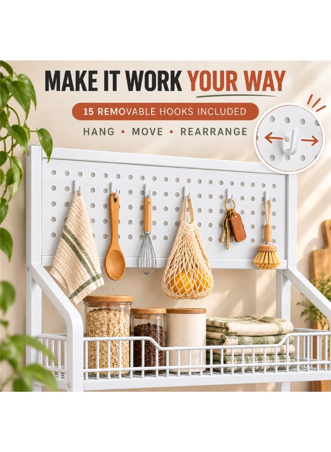 BLOOMING TIME 4-Tier Rolling Storage Cart with Pegboard & 15 Hooks, Metal Wire Basket Organiser with Locking Wheels, Freestanding Pantry Shelf for Kitchen, Laundry, Bathroom and Craft Room - Image 4