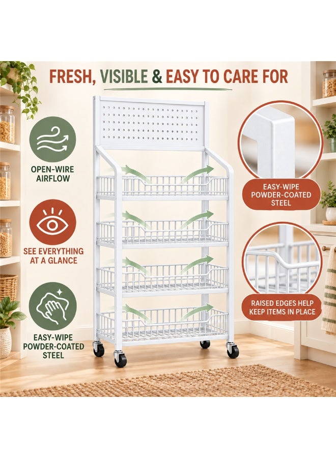 BLOOMING TIME 4-Tier Rolling Storage Cart with Pegboard & 15 Hooks, Metal Wire Basket Organiser with Locking Wheels, Freestanding Pantry Shelf for Kitchen, Laundry, Bathroom and Craft Room - Image 3