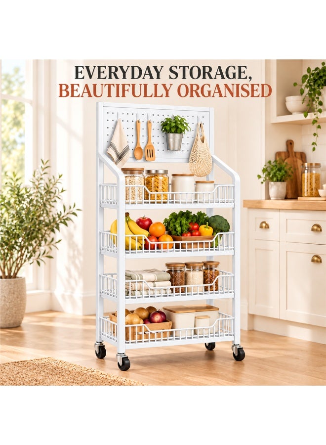 BLOOMING TIME 4-Tier Rolling Storage Cart with Pegboard & 15 Hooks, Metal Wire Basket Organiser with Locking Wheels, Freestanding Pantry Shelf for Kitchen, Laundry, Bathroom and Craft Room - Image 1