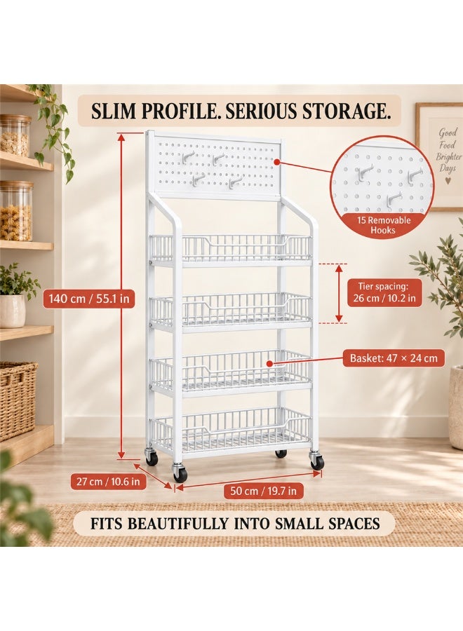 BLOOMING TIME 4-Tier Rolling Storage Cart with Pegboard & 15 Hooks, Metal Wire Basket Organiser with Locking Wheels, Freestanding Pantry Shelf for Kitchen, Laundry, Bathroom and Craft Room - Image 5
