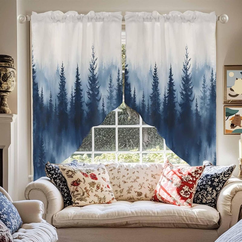 Swag Curtain Valance for Windows Watercolor Blue Trees Forest Kitchen Valance Rod Pocket Abstract Art Swag Curtains for Kitchen Windows Bathroom Bedroom Window Treatment 56" W x 36" L - Image 2