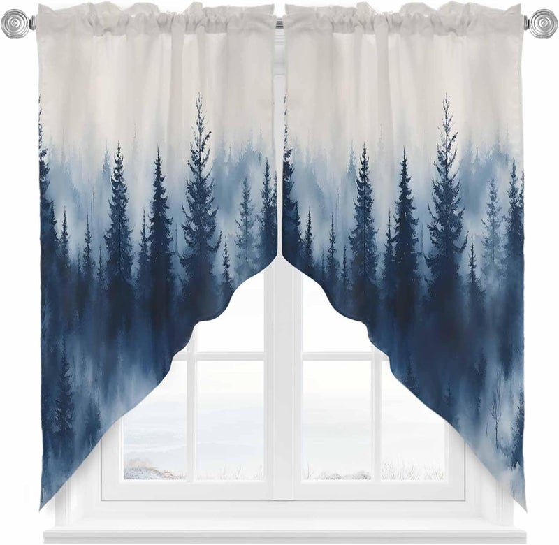 Swag Curtain Valance for Windows Watercolor Blue Trees Forest Kitchen Valance Rod Pocket Abstract Art Swag Curtains for Kitchen Windows Bathroom Bedroom Window Treatment 56" W x 36" L - Image 1