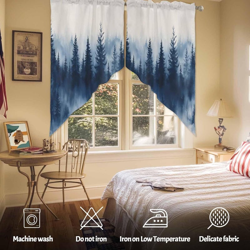 Swag Curtain Valance for Windows Watercolor Blue Trees Forest Kitchen Valance Rod Pocket Abstract Art Swag Curtains for Kitchen Windows Bathroom Bedroom Window Treatment 56" W x 36" L - Image 3