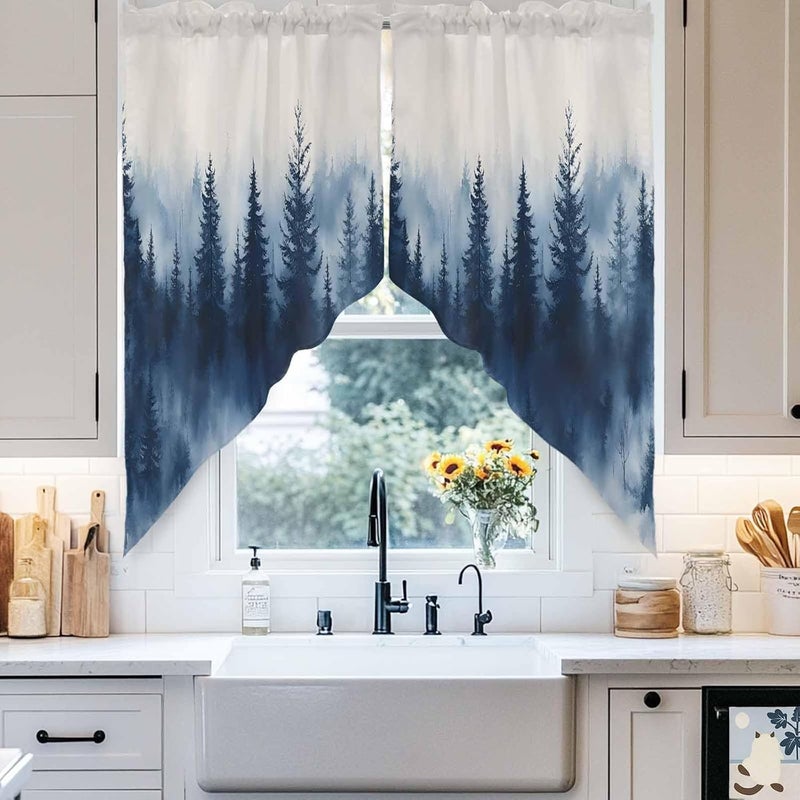 Swag Curtain Valance for Windows Watercolor Blue Trees Forest Kitchen Valance Rod Pocket Abstract Art Swag Curtains for Kitchen Windows Bathroom Bedroom Window Treatment 56" W x 36" L - Image 4