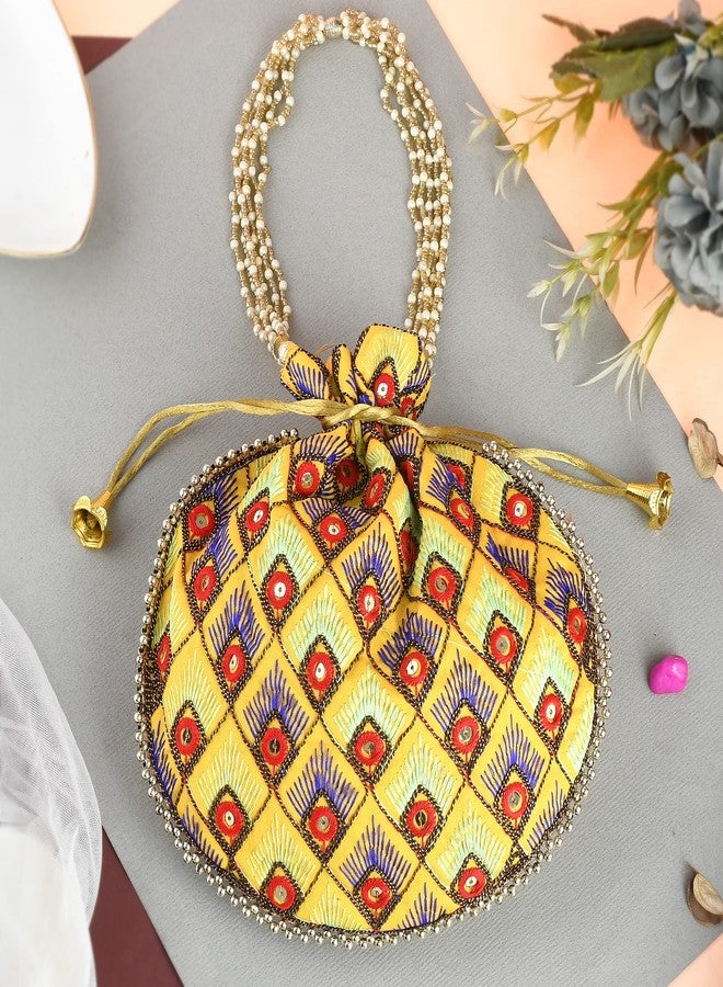 STLYZ Potli Bag For Women, Handmade Traditional Embroidered Potli Handbag Wristlets Ethnic Bridal Potli Batwa Bag For Ladies For Wedding, Return Gifts (Yellow) - Image 2