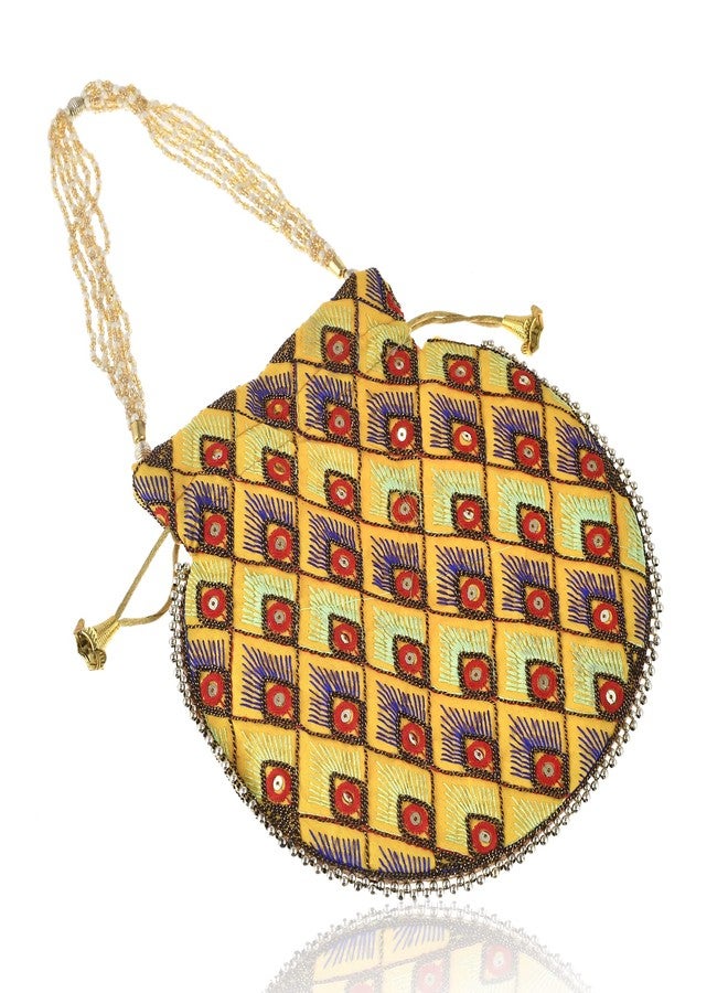 STLYZ Potli Bag For Women, Handmade Traditional Embroidered Potli Handbag Wristlets Ethnic Bridal Potli Batwa Bag For Ladies For Wedding, Return Gifts (Yellow) - Image 4