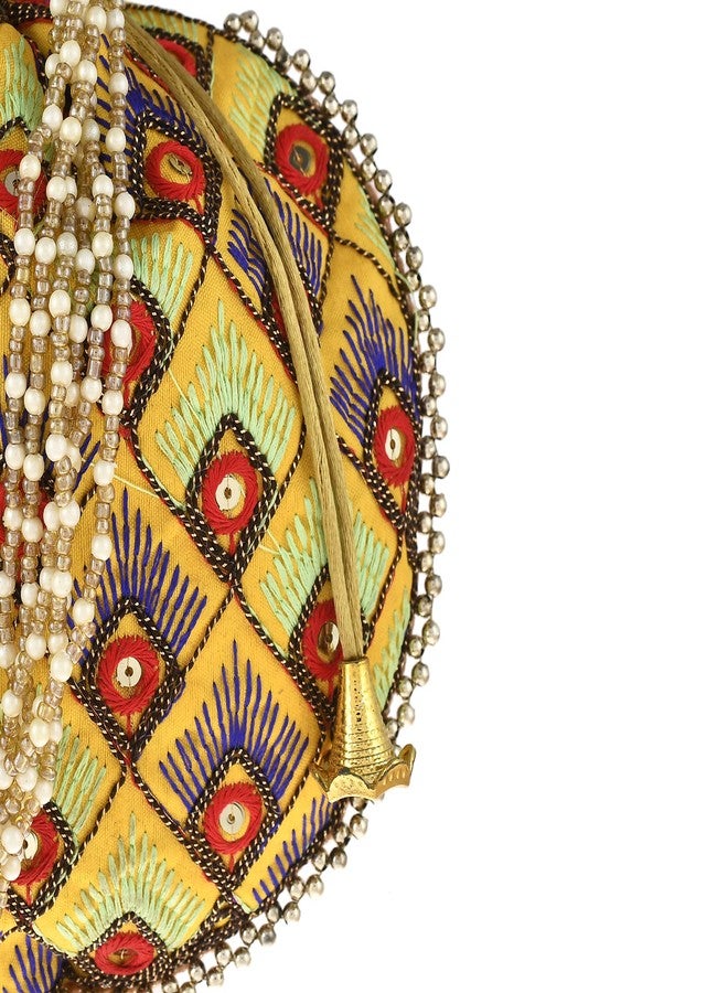 STLYZ Potli Bag For Women, Handmade Traditional Embroidered Potli Handbag Wristlets Ethnic Bridal Potli Batwa Bag For Ladies For Wedding, Return Gifts (Yellow) - Image 3