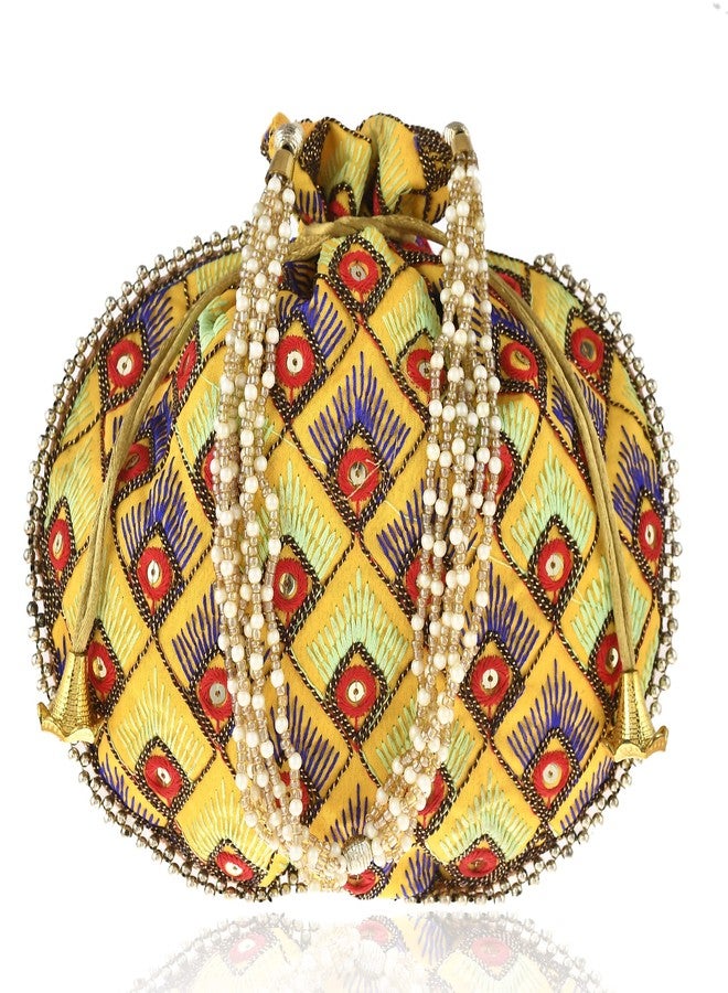 STLYZ Potli Bag For Women, Handmade Traditional Embroidered Potli Handbag Wristlets Ethnic Bridal Potli Batwa Bag For Ladies For Wedding, Return Gifts (Yellow) - Image 1