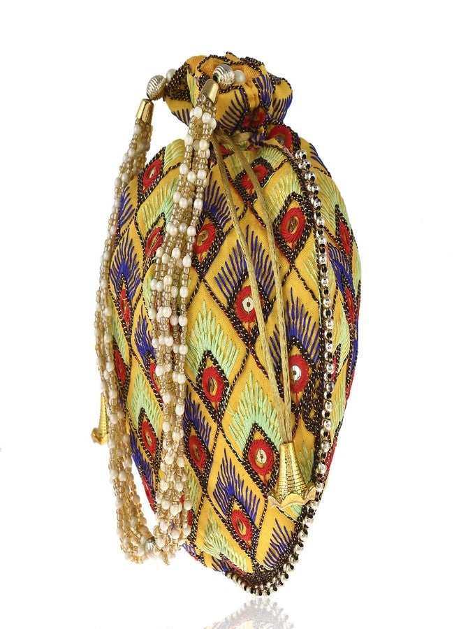 STLYZ Potli Bag For Women, Handmade Traditional Embroidered Potli Handbag Wristlets Ethnic Bridal Potli Batwa Bag For Ladies For Wedding, Return Gifts (Yellow) - Image 5