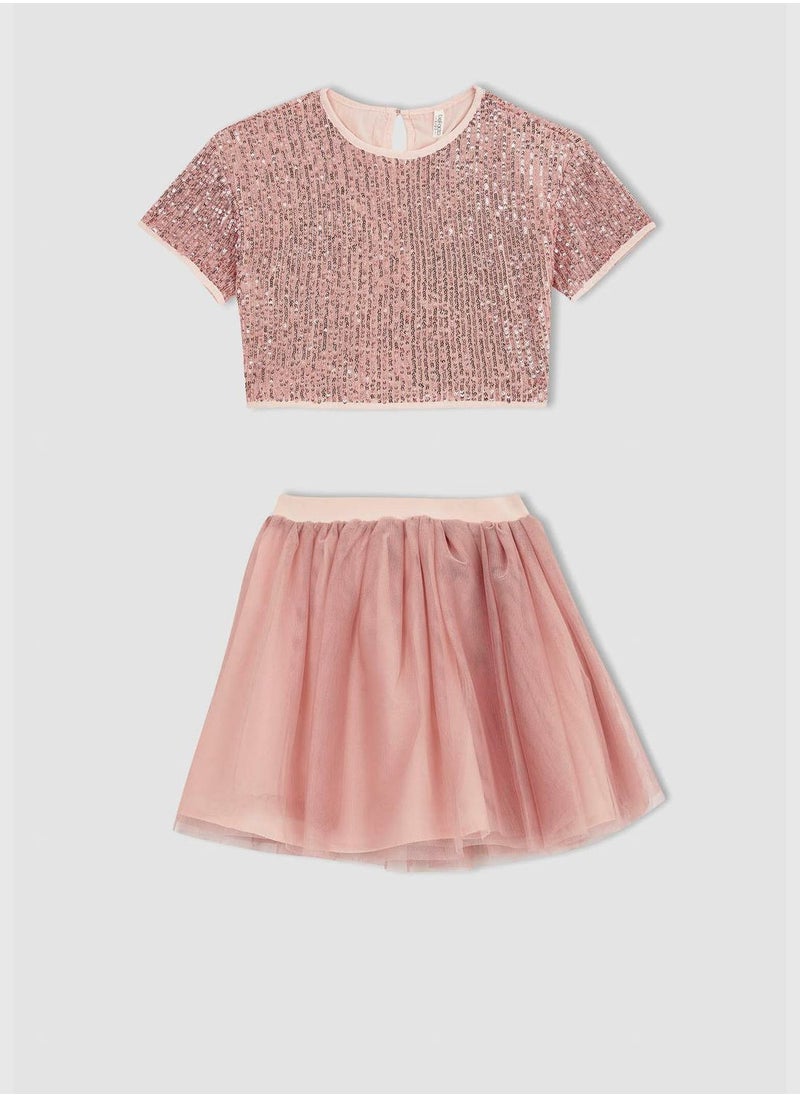 DeFacto - Girl Regular Fit Short Sleeve Crop Top & Tulle Skirt Set - Image 1
