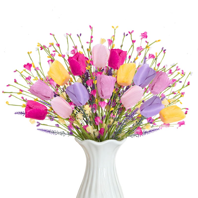 Watayo 15 Pcs Artificial Tulips Wildflowers Spring Flower Stems, Fake Tulips Artificial Flowers Bouquets with Wildflowers, Colorful Spring Floral Picks for Easter Spring Floral Arrangements Vase Centerpieces - Image 1