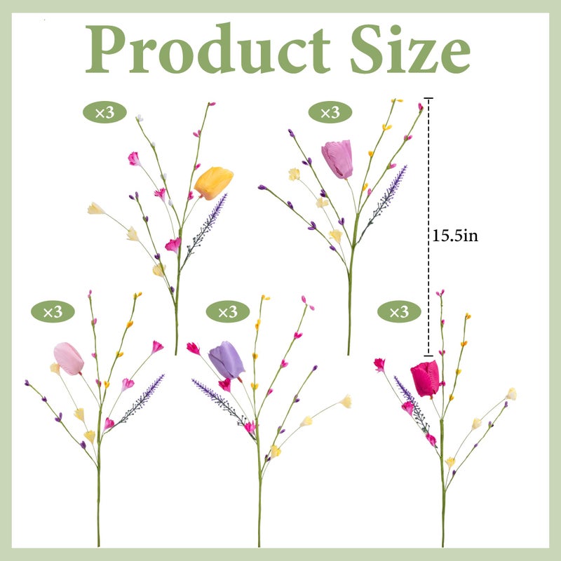 Watayo 15 Pcs Artificial Tulips Wildflowers Spring Flower Stems, Fake Tulips Artificial Flowers Bouquets with Wildflowers, Colorful Spring Floral Picks for Easter Spring Floral Arrangements Vase Centerpieces - Image 2