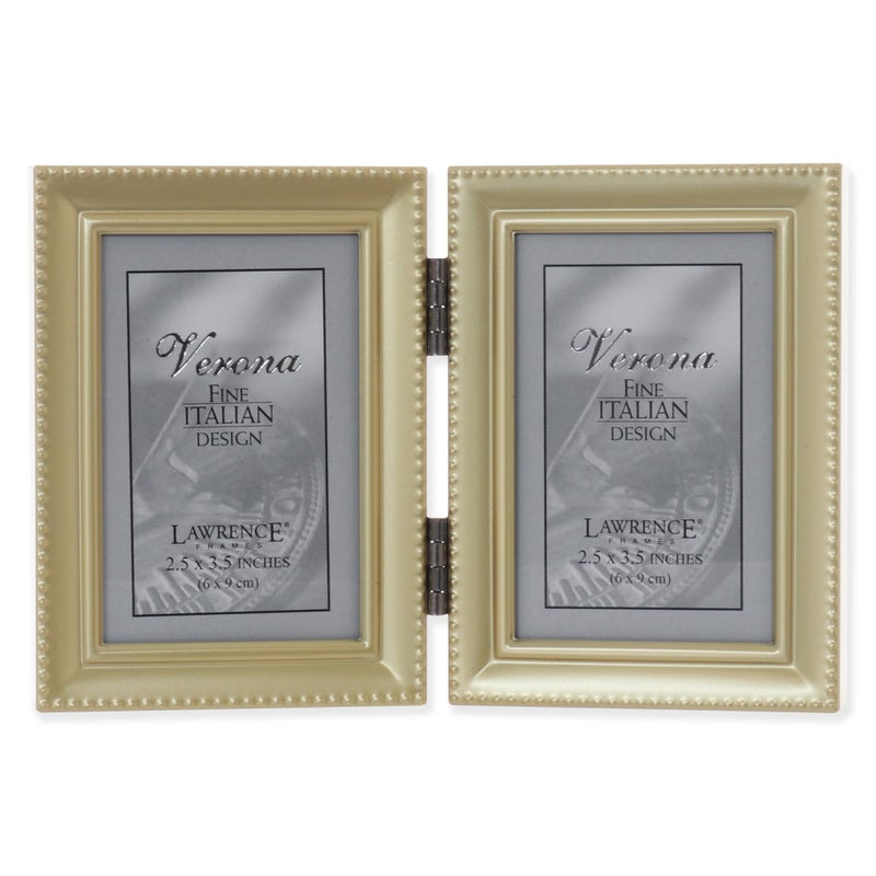 Lawrence Frames Lawrence 11423D Brushed Brass Hinged Double 2.5x3.5 Picture Frame-Beaded Edge Design - Image 1