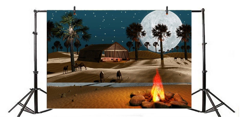 AOFOTO 7x5ft Desert Night Backdrop Full Moon Palm Trees with Camp Campfire Arabian Night Photography Background Sand Dunes Stars Starlight Desert Scene Party Decoration Portrait Photo Shoot Props - Image 2
