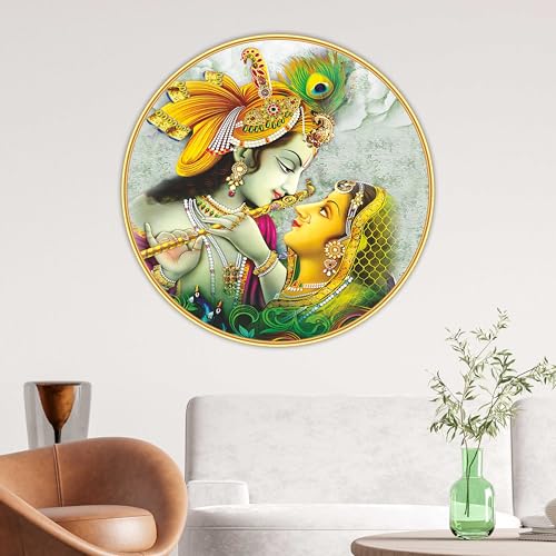 SAF Round Radha Krishna Wall Painting | Divine Love Artwork with Flute & Peacock Feather | UV Textured MDF Board with Golden Frame Look | Spiritual Wall Décor for Home & Temple 16 Inch x 16 Inch - Image 1